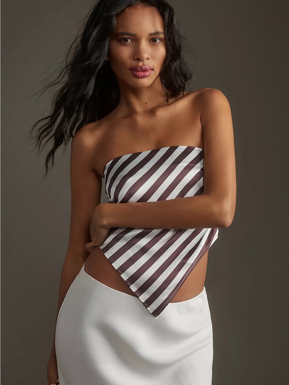 4th & Reckless Striped Strapless Top Brown White Asymmetrical Size S